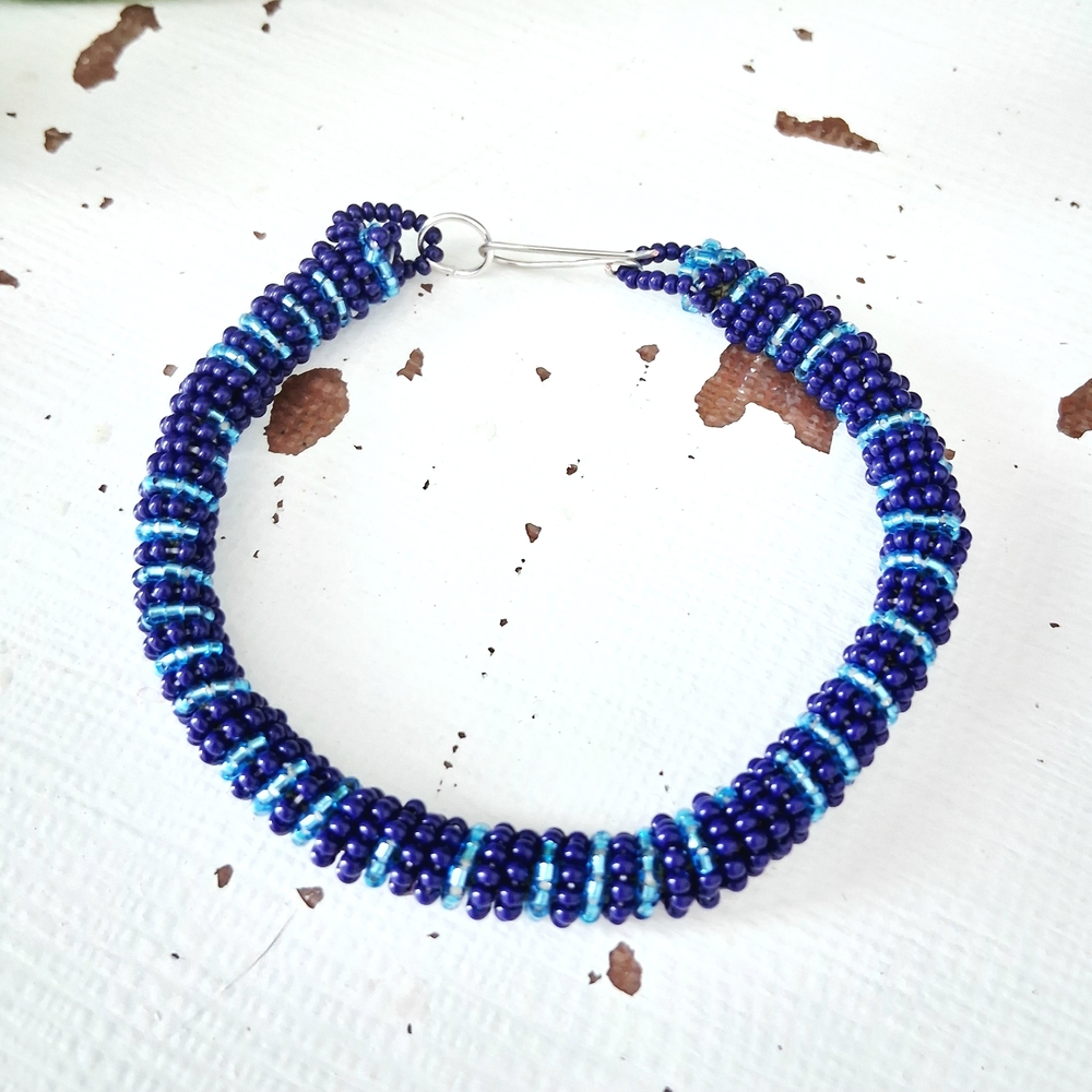 Navy and Teal Beaded Rope Bracelet, 8.5"